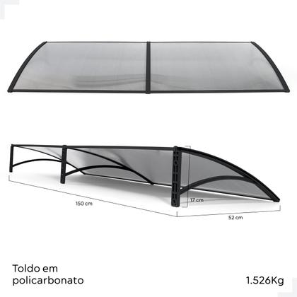 Imagem de Toldo Policarbonato Versátil com Mão Francesa 1.5mx0.50m - Preto com Translúcido para Cobertura de Portas, Janelas, etc.