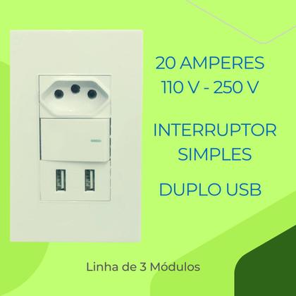 Imagem de Tomada 20 Amperes De Parede Com Interruptor Premium E Entrada Dupla USB Para Embutir