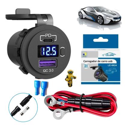 Imagem de Tomada Carregador Veicular Duplo USB-Car Led Azul Para Carro Lancha Moto