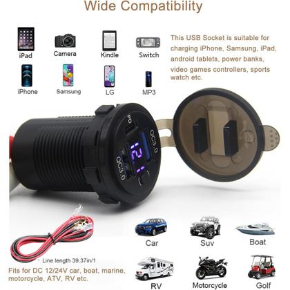 Imagem de Tomada Carregador Veicular Duplo USB-Car Led Azul Para Carro Lancha Moto