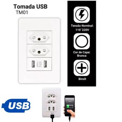 Imagem de Tomada De Parede Dupla Usb Embutir Bivolt 10a Interruptor Cor Branco