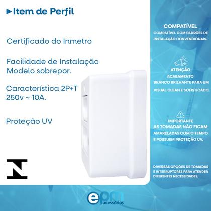 Imagem de Tomada Dupla 2p+t 10A Sobrepor Externo Com Placa Espelho Branco Com Inmetro Linha Viena
