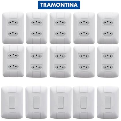 Imagem de Tomada Dupla Aria Branco Tramontina 10A/250V + Interruptor Simples Kit 15 Unidades