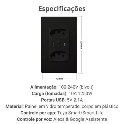Imagem de Tomada Dupla Inteligente Smart Wifi Bivolt Usb Alexa Preto Eka