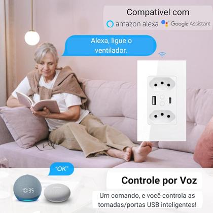 Imagem de Tomada Dupla Inteligente Smart Wifi Bivolt Usb Alexa Preto Eka