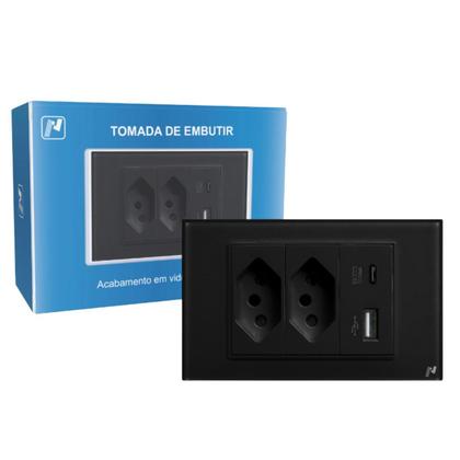 Imagem de Tomada Dupla Usb Tipo C Novadigital 4x2 Vidro Temperado Embutir Sem Wifi Preta