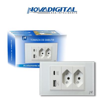 Imagem de Tomada Dupla Usb Tipo C Novadigital 4x2 Vidro Temperado Embutir Sem Wifi Preta