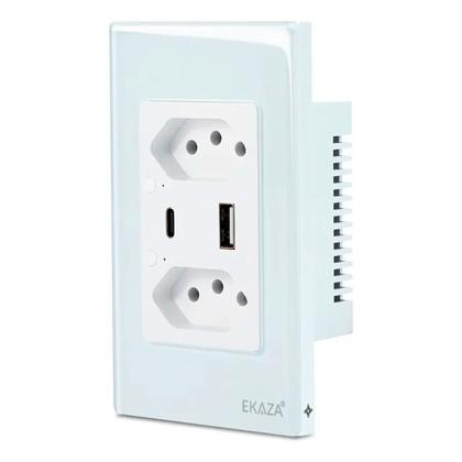 Imagem de Tomada Inteligente de Parede Dupla 10A Wifi Entrada USB+USB-C 4x2 Ekaza Alexa E Google