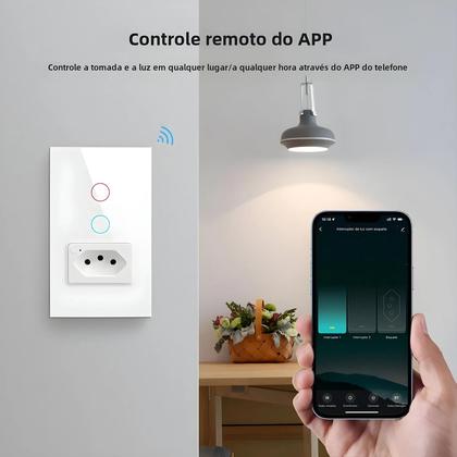 Imagem de Tomada Inteligente Wi-Fi com Interruptor - Padrão Brasileiro, 1/2 Botões, Painel de Vidro Tuya/Alexa