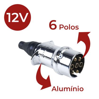 Imagem de Tomada Macho Engate Reboque 6 Polos Aluminio Cromada Carro Carretinha 12v