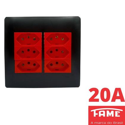 Imagem de Tomada Padrão Sextupla 2P+T 20A 4X4 Vermelha Com Placa Habitat Black FAME