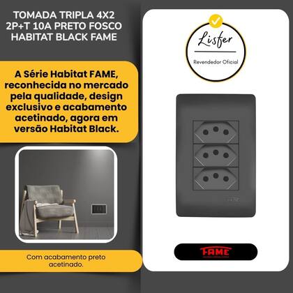 Imagem de Tomada Tripla 4x2 2p+t 10a Preto Fosco Habitat Black Fame