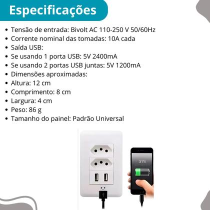 Imagem de Tomada USB de Parede Branco Universal 10A