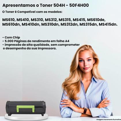 Imagem de Toner 504H 50F4H00 Preto Compatível Para Lexmark MS410 MS310 MS610 MS312 MS315 Rendimento 5.000