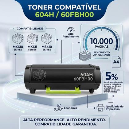 Imagem de Toner Compatível 604H 60FBH00 Preto Para Lexmark MX310 MX410 MX510 MX610 MX511 Rendimento 10.000 Páginas