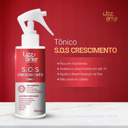 Imagem de Tônico SOS Crescimento 100 ml Lizz ante Crescimento Acelerado Preenche Falhas Combate Calvice Aumento Volume Massa Capilar Combate Caspa Oleosidade
