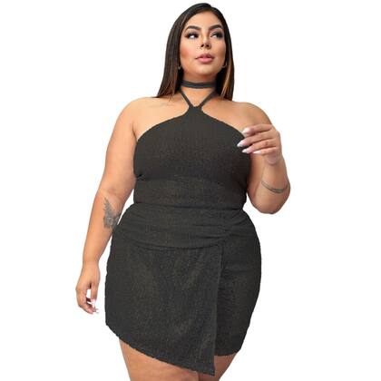 Imagem de Top cropped brilho paete decote halter amarração no pescoço lantejoulas com forro interno bege festa plus size 44 46 48