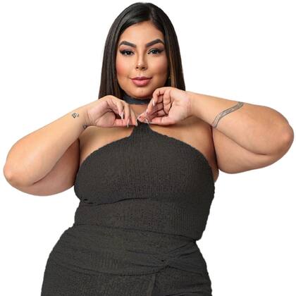 Imagem de Top cropped brilho paete decote halter amarração no pescoço lantejoulas com forro interno bege festa plus size 44 46 48