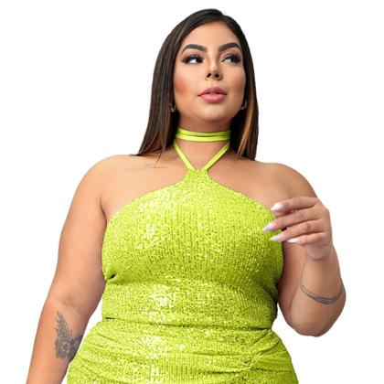 Imagem de Top cropped brilho paete decote halter amarração no pescoço lantejoulas com forro interno bege festa plus size 44 46 48