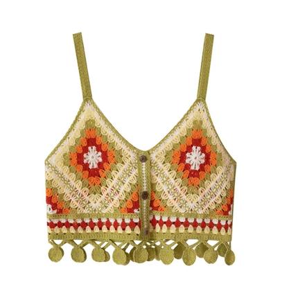 Imagem de Top Cropped Feminino Boho Com Franjas E Alças, Crochê Granny Square, Moda Praia De Verão