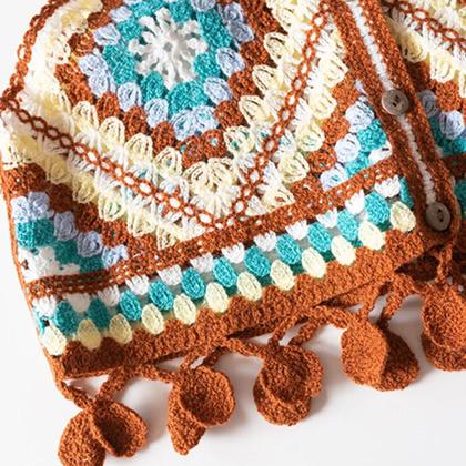 Imagem de Top Cropped Feminino Boho Com Franjas E Alças, Crochê Granny Square, Moda Praia De Verão