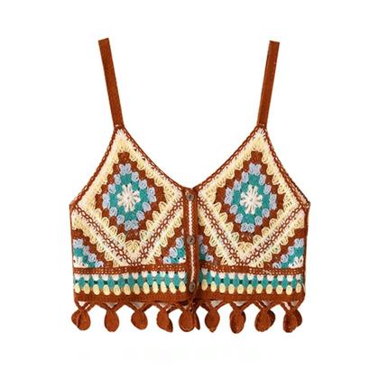 Imagem de Top Cropped Feminino Boho Com Franjas E Alças, Crochê Granny Square, Moda Praia De Verão