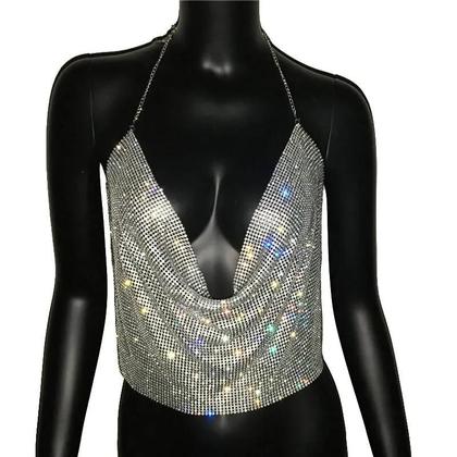 Imagem de Top Cropped Feminino Com Strass, Decote Em V, Brilhante, Para Festas E Festivais De Verão.