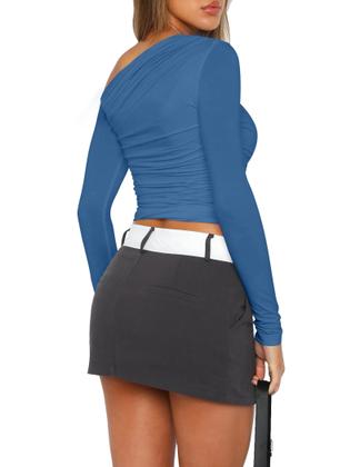 Imagem de Top curto Zeagoo feminino de manga comprida, manga comprida, azul marinho