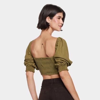 Top Farm Cropped Lastex Manga Bufante Feminino - Top Cropped
