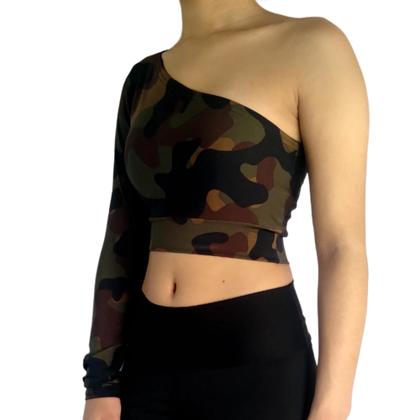 Imagem de Top Feminino Manga Longa Um Ombro Só Mula Manca Estampas Sortidas Suplex Pp ao Plus Size