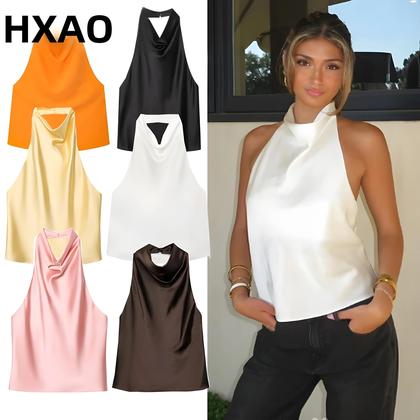 Imagem de Top Halter Marrom Para Mulheres, Sem Mangas, Em Cetim Preto E Branco, Camisola Sexy Para Festas,