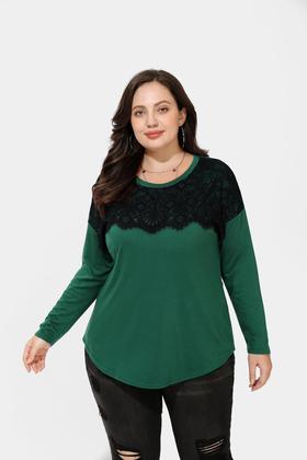 Imagem de Top RITERA Plus Size de renda de manga comprida verde escuro para mulheres