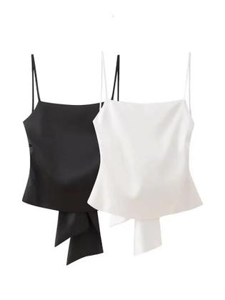 Imagem de Top Sem Mangas De Cetim Para Mulheres Com Decoração De Laço Costas Descobertas Moda Chic De Verão