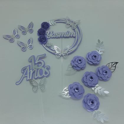 Imagem de Topo de Bolo 15 anos Flores e Borboletas Lilás personalizado