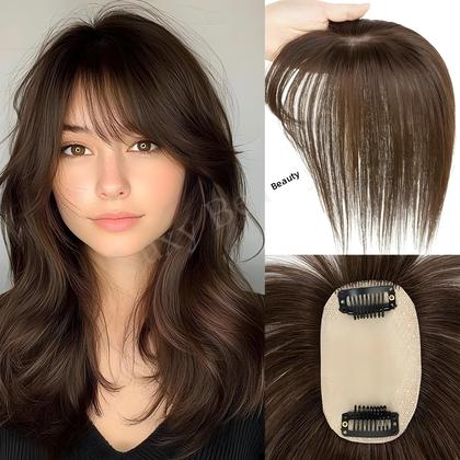 Imagem de Topper De Cabelo Humano Castanho Com Mechas Loiro E Franja 5x9cm, Aparência Natural, Clip-in Para