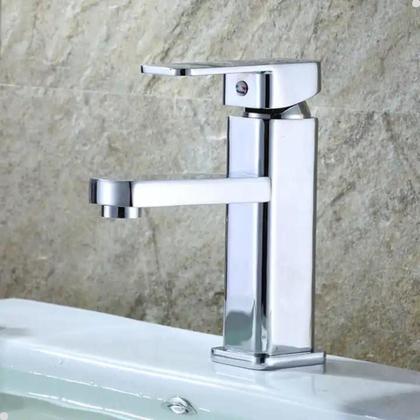 Imagem de Torneira banheiro misturador monocomando lavatório quadrada cromada bica baixa lavabo