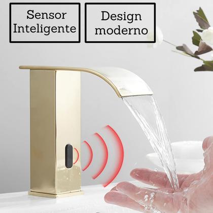 Imagem de Torneira Banheiro Sensor Inteligente Exclusive Baixa Gold Quente e Frio Dourada Brilhante Cascata Curva Moderna Automática Lavabo Inox