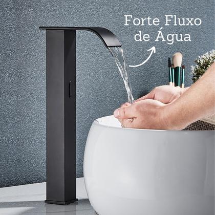 Imagem de Torneira Banheiro Sensor Preto Curva Automática Alta Luxo Misturador Quente e Frio Black Cascata Inox