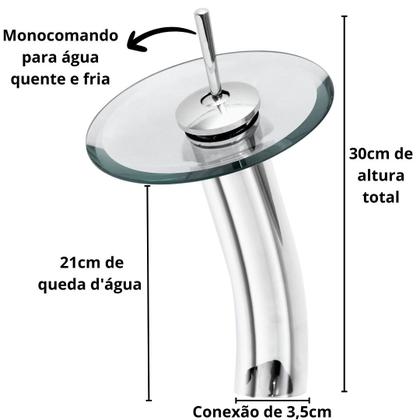 Imagem de Torneira Cascata Vidro Monocomando Alta p/ Banheiro Lavabo Agua Quente e Fria