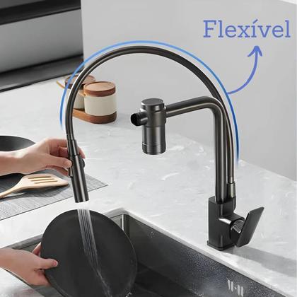 Imagem de Torneira Cozinha Filtro Flexível Preto Moderna Monocomando Misturador Black Quente e Frio Design Aço Inoxidável Metal Luxo