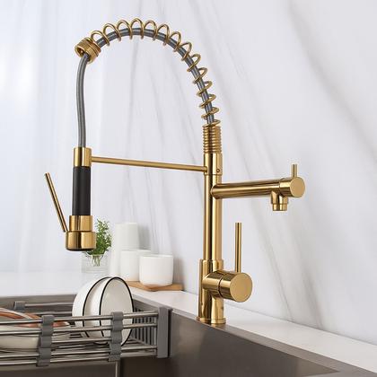 Imagem de Torneira cozinha gourmet misturador monocomando bancada flexível spray dourada gold vip