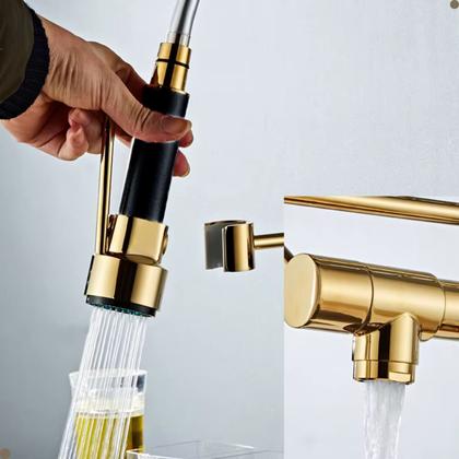 Imagem de Torneira cozinha gourmet misturador monocomando bancada flexível spray dourada gold vip