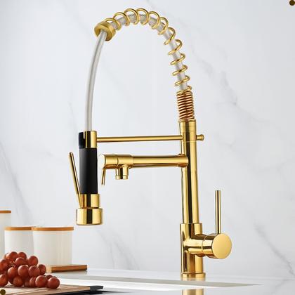 Imagem de Torneira cozinha gourmet misturador monocomando bancada flexível spray dourada gold vip
