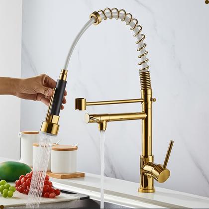 Imagem de Torneira cozinha gourmet misturador monocomando bancada flexível spray dourada gold vip