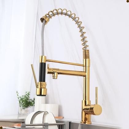 Imagem de Torneira cozinha gourmet misturador monocomando bancada flexível spray dourada gold vip