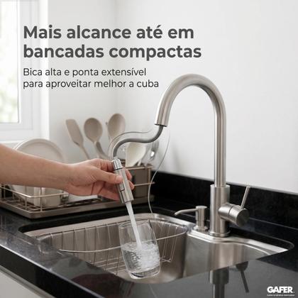 Imagem de Torneira Cozinha Gourmet Monocomando Aço Inox 201 Extensível 360 Graus Água Quente e fria Gafer Prateado Escovado Bancada