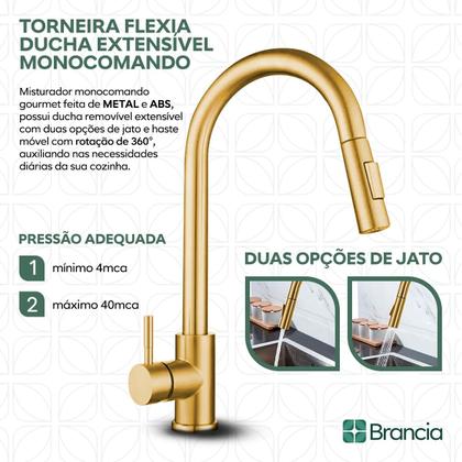 Imagem de Torneira Cozinha Gourmet Monocomando Dourada Ducha Extensível Luxo Misturador Inox 304 Escovado Bancada Flexia Com Garantia