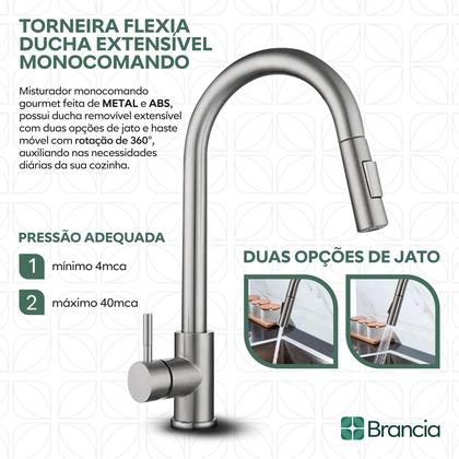 Imagem de Torneira Cozinha Gourmet Monocomando Ducha Extensível Luxo Misturador Inox 304 Escovado Bancada Flexia Com Garantia