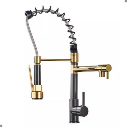 Imagem de Torneira cozinha gourmet monocomando misturador flexível bancada spray preto e dourado vip