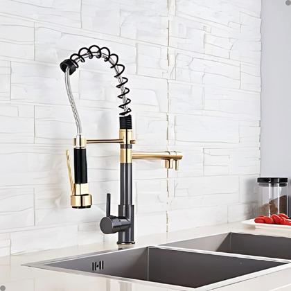 Imagem de Torneira cozinha gourmet monocomando misturador flexível bancada spray preto e dourado vip